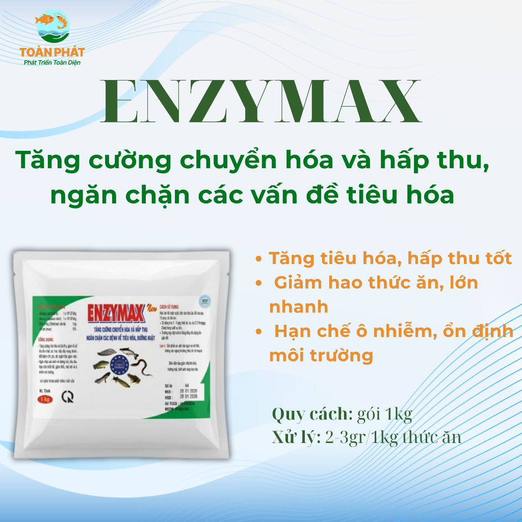 Enzymax- Tăng cường chuyển hóa và hấp thu, giảm hao thức ăn, lớn nhanh, hạn chế ô nhiễm- gói 1 kg