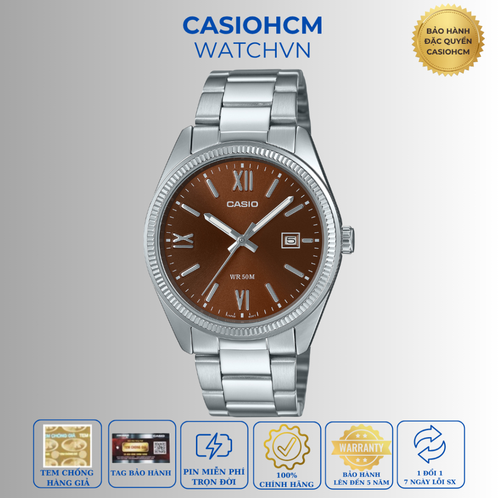 Đồng hồ nam Casio MTP-1302DD-5A  Mặt nâu sang trọng, dây thép cao cấp | chuẩn phong cách nam tính