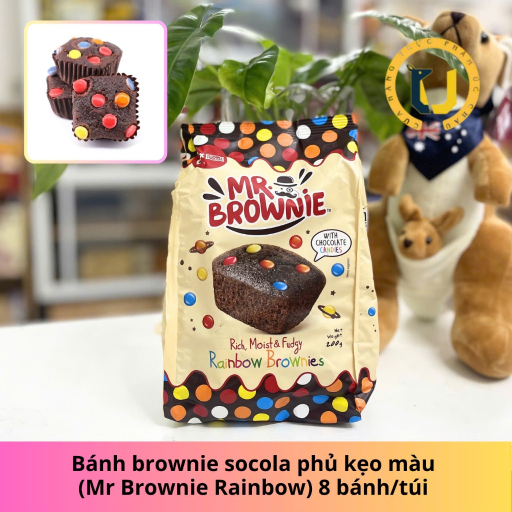 (HÀNG ÚC) Bánh brownie phủ kẹo nhiều màu MR. BROWNIE with rainbow chocolate candies gói 8 gói rời