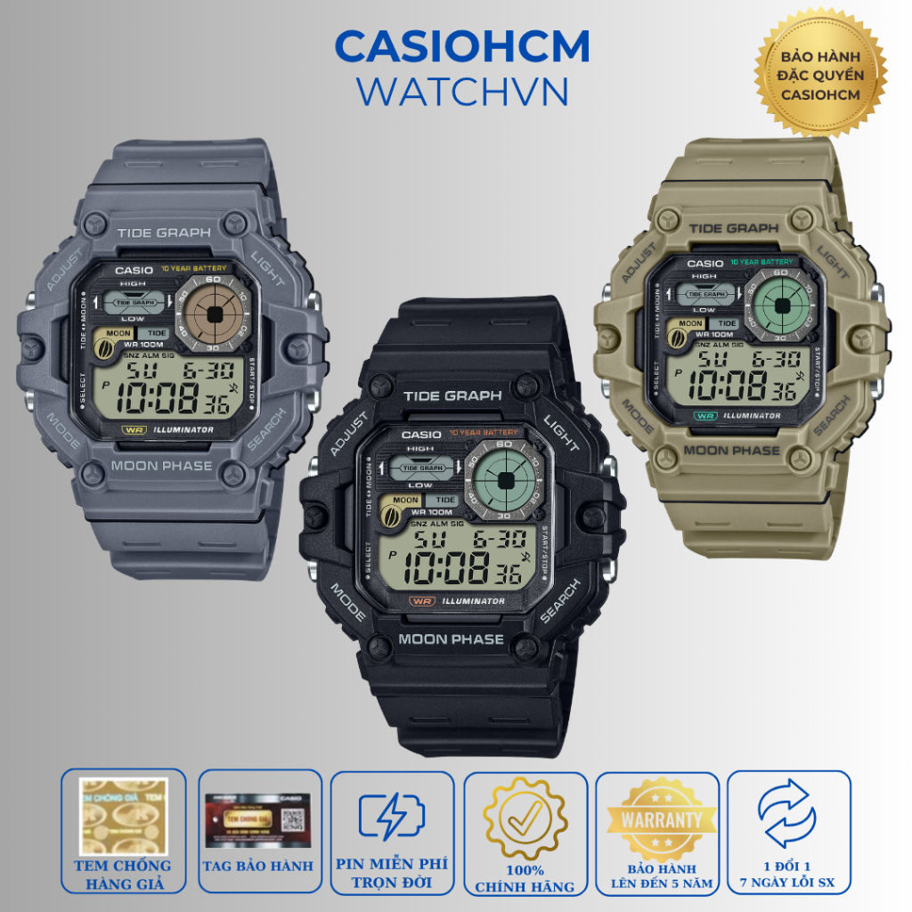 Đồng Hồ Nam Casio WS-1700H-1A Chính Hãng - Chống Nước 100M - Đồ Thị Thủy Triều & Tuần Trăng