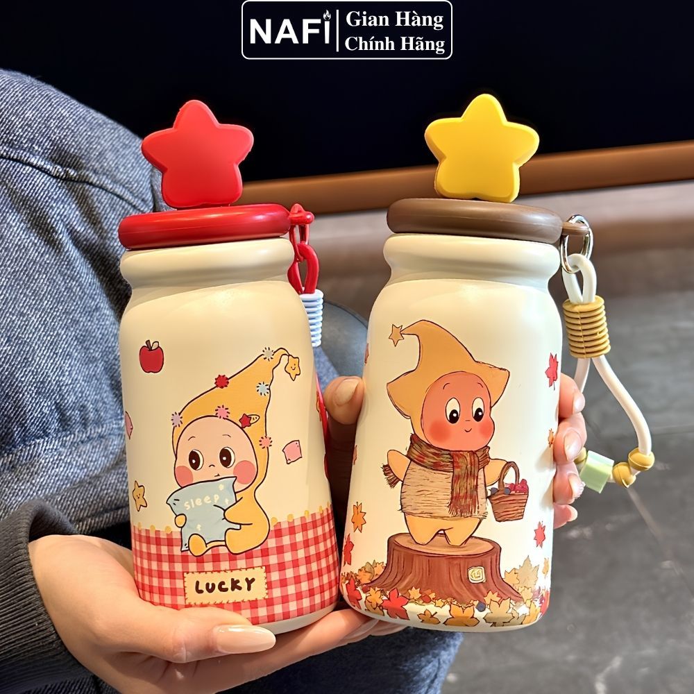 Ly giữ nhiệt NAFI 500ml tráng gốm sứ cao cấp họa tiết dễ thương, ly giữ nhiệt Inox 316 dung tích 500