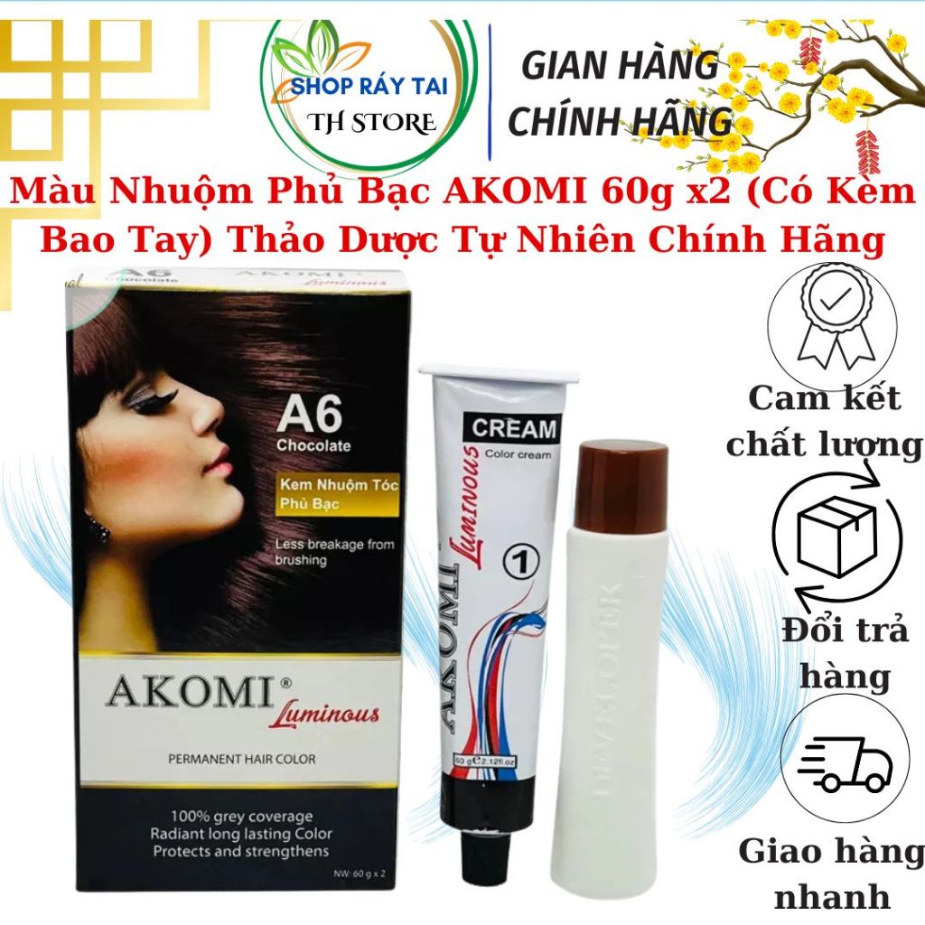 Màu Nhuộm Phủ Bạc AKOMI 60g x2 (Có Kèm Bao Tay) Thảo Dược Tự Nhiên Chính Hãng