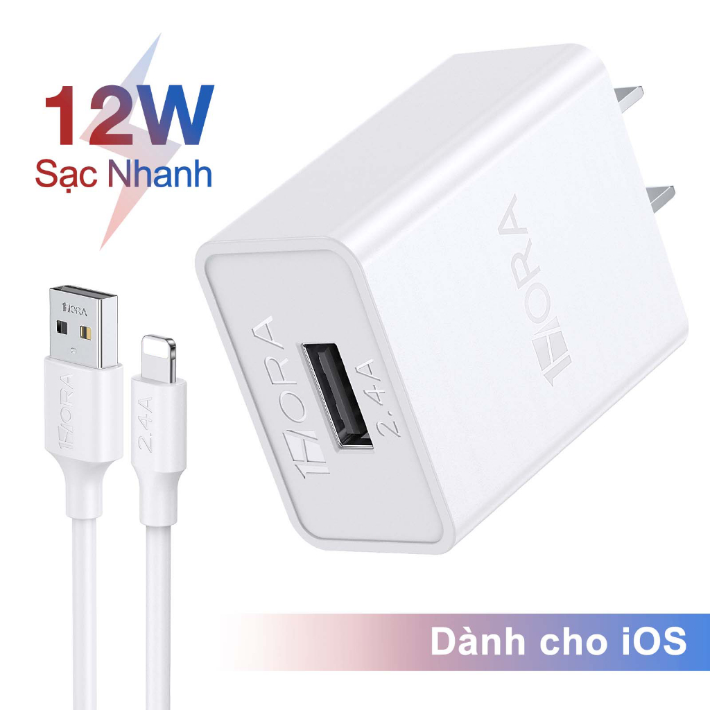 Bộ Sạc 1HORA 12W Nhanh  dành cho Phone 14 13 12 11 10 9 trở xuống - Cáp USB- A to L - Dài 1m Bộ Sạc 