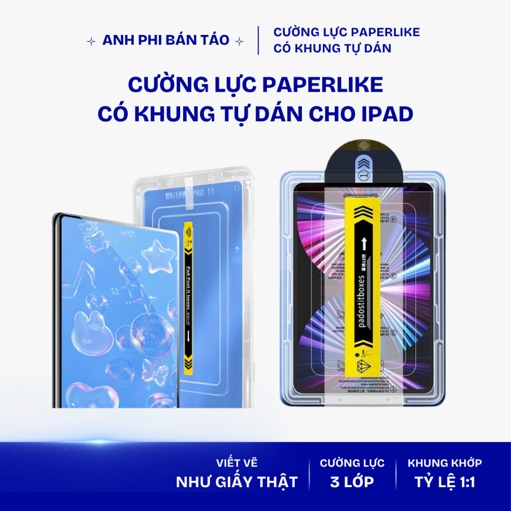 Kính Cường Lực Anh Phi Auto Paperlike, Anh Phi Bán Táo , Có Khung Tự Dán, Viết Như Giấy, Chống Vỡ