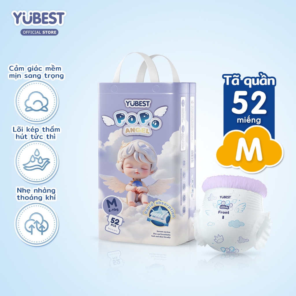 Yubest Khung eo bong bóng Tã/bỉm dán sơ sinh Tã quần M52 miếng pH<7 an toàn cho da bé cảm giác mịn m