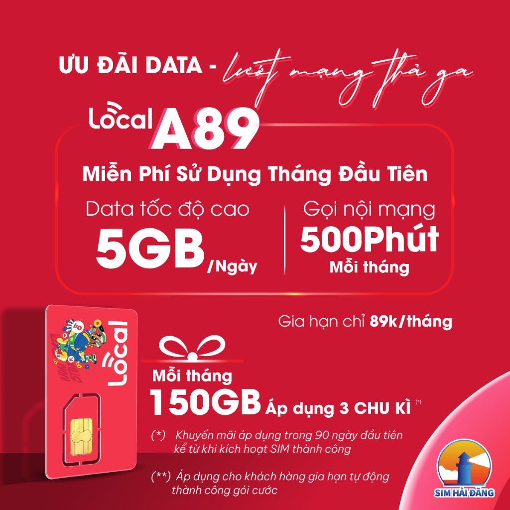 SIM 4G/5G MOBIFONE LOCAL A89, 3GB/Ngày, 500p Gọi Nội Mạng, Duy Trì 89k