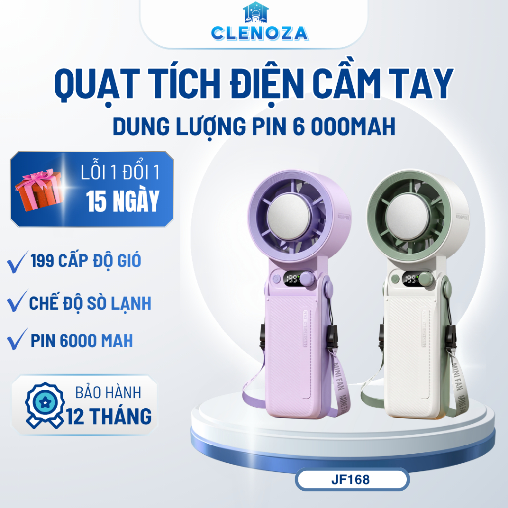 Quạt tích điện cầm tay mini JF168 pin 6000mAh 199 cấp độ gió quạt cầm tay sò lạnh đeo cổ làm mát