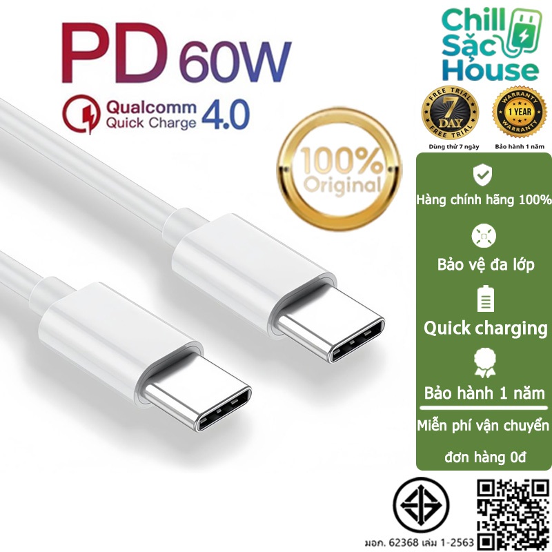 Chill Sạc House Cáp Type-C 60W sạc nhanh siêu bền 2 đầu cho điện thoại và laptop
