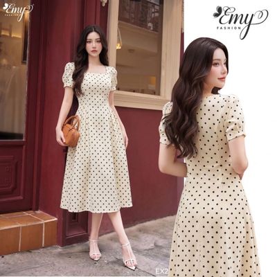Đầm Thiết Kế EMY Thời Trang Cao Cấp EX2266 Vải Linen Xược Nền Kem Sang Chảnh Đi Tiệc