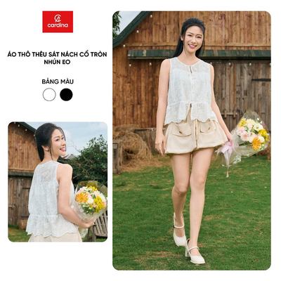 Áo kiểu nữ CARDINA chất liệu thô thêu sát nách cổ tròn nhún eo 6AKS04