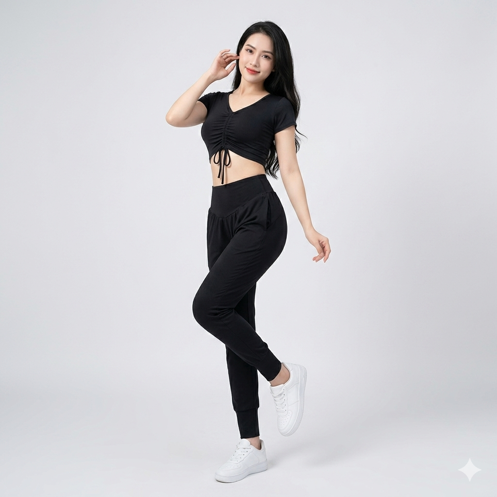 Bộ Đồ Thể Thao Nữ Áo Croptop Rút Dây Quần Alibaba Đồng Phục Gym Yoga Aerobic