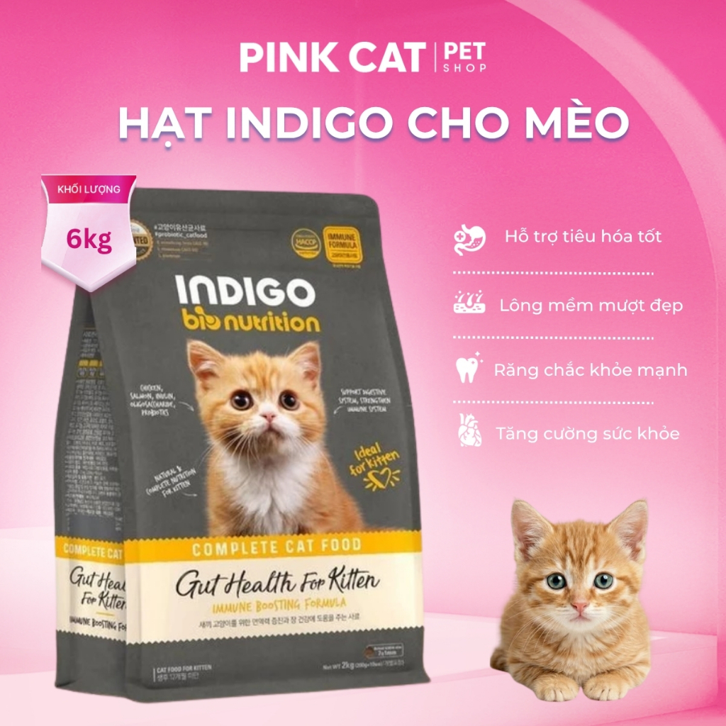 Indigo 6Kg Hạt Cho Mèo Hỗ Trợ Tiêu Búi Lông Tiết Niệu, Mèo Con - Hairball, Urinary, Kitten