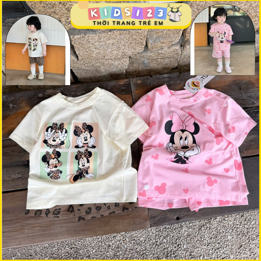 Set 2 bộ Mickey Bé Gái cộc tay họa tiết hồng tim nâu da báo chất cotton co giãn mềm mát H2.studio
