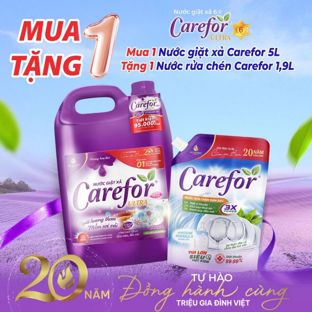 Combo tiện lợi Nước giặt xả đậm đặc thơm lâu Carefor 5L+ Nước rửa chén Carefor 3,6
