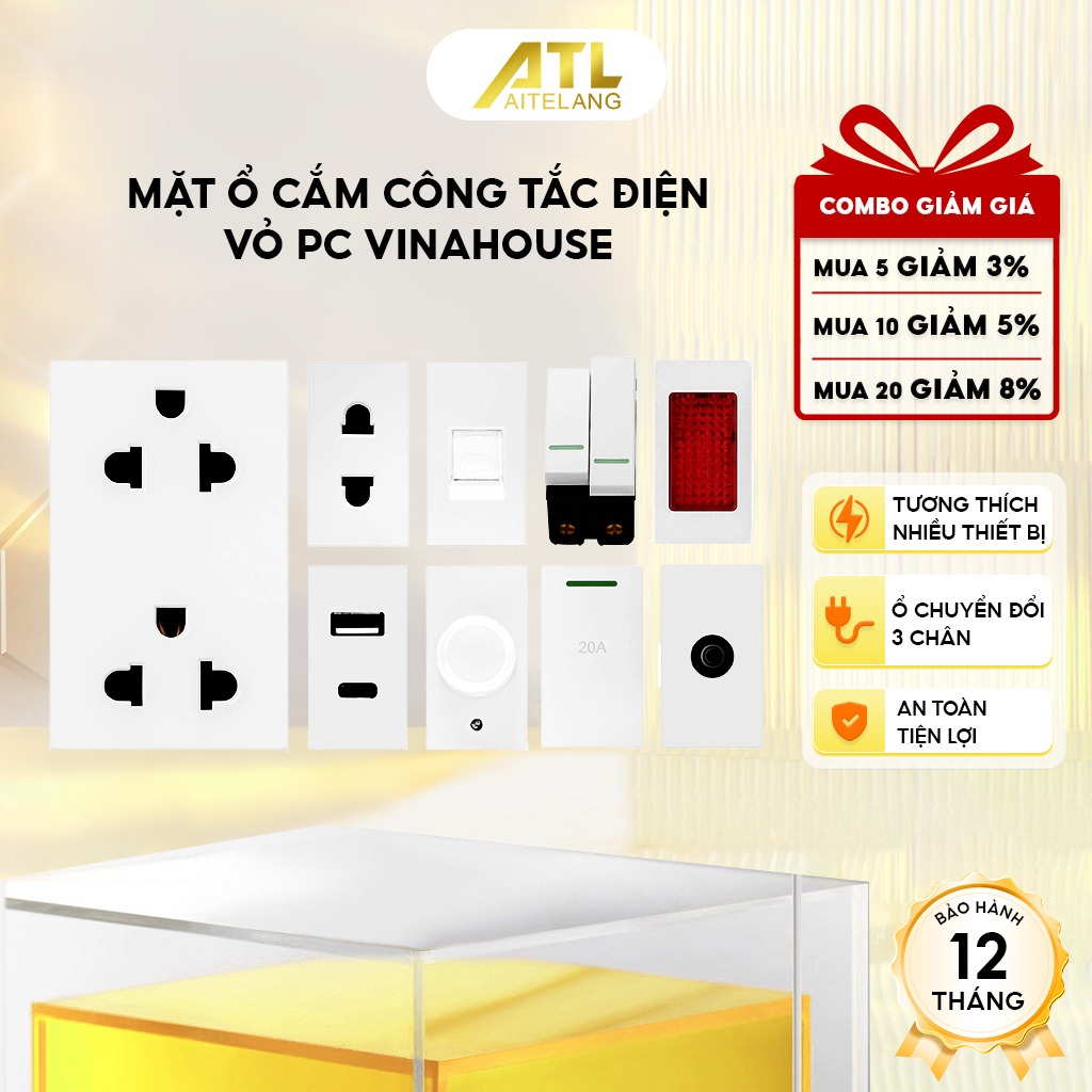 Mặt ổ cắm công tắc điện vỏ PC trắng VinaHouse, bền đẹp, đễ lắp đặt an toàn điện