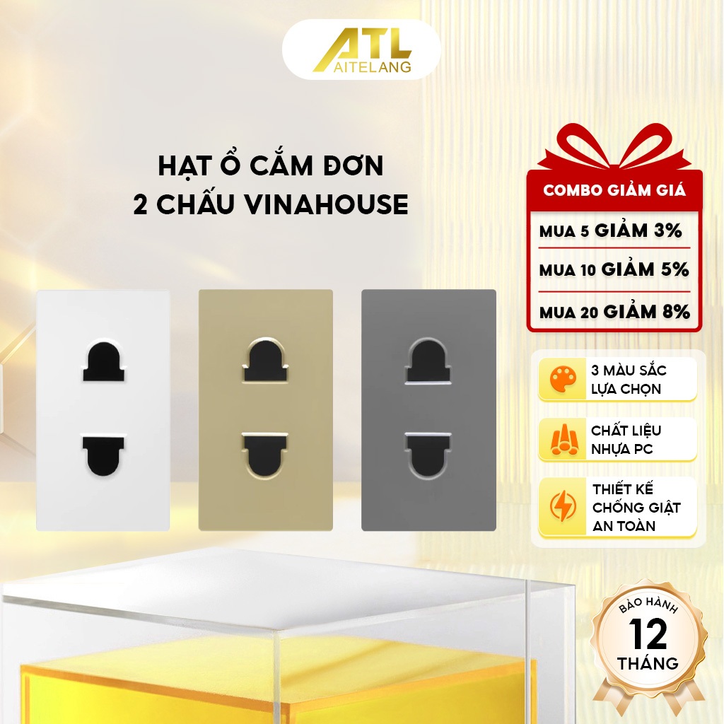 Hạt ổ cắm đơn 2 chấu Vinahouse, phụ kiện ổ cắm điện âm tường, chất liệu bền, an toàn