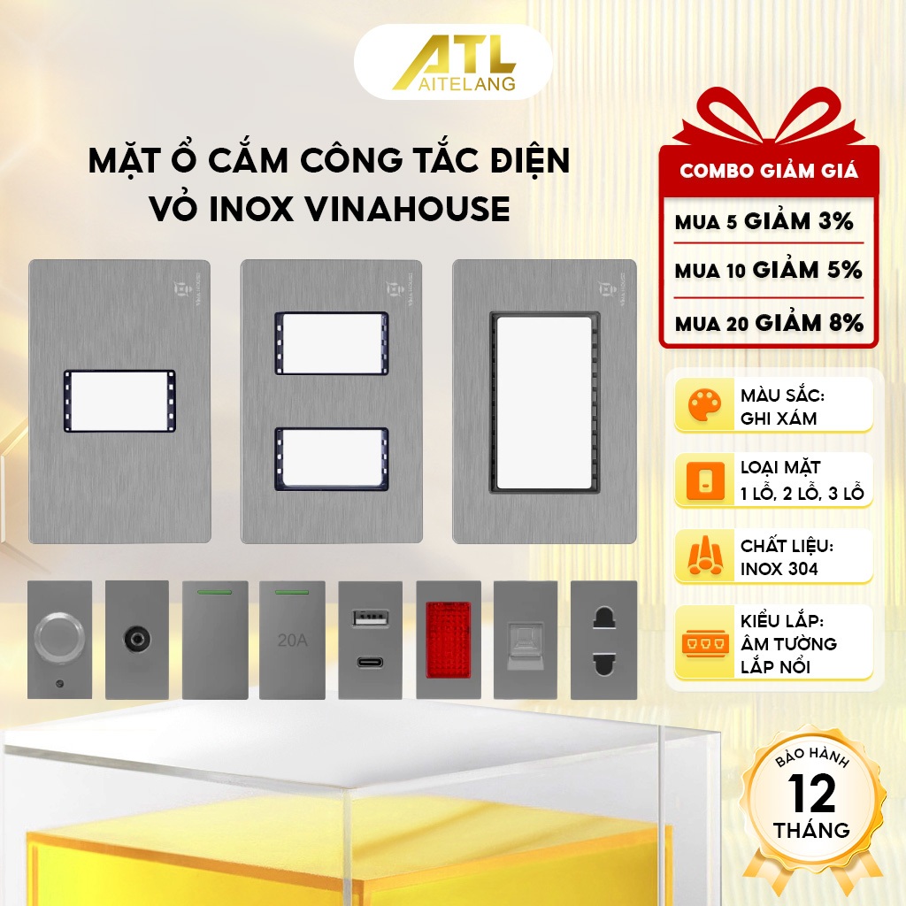 Mặt ổ cắm công tắc điện VinaHouse, ổ cắm vỏ Inox màu ghi xám, bền đẹp, dễ lắp đặt, an toàn điện