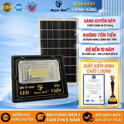 Đèn Pha Năng Lượng Mặt Trời MayorWolf 100W Sân Vườn Ngoài Trời