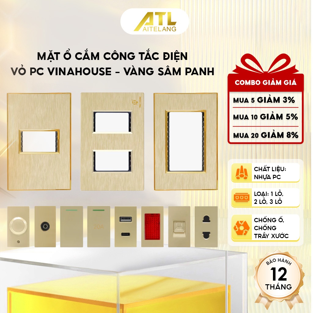Mặt ổ cắm công tắc điện VinaHouse, vỏ nhựa PC vàng sâm panh viền vàng, bền đẹp, dễ lắp đặt