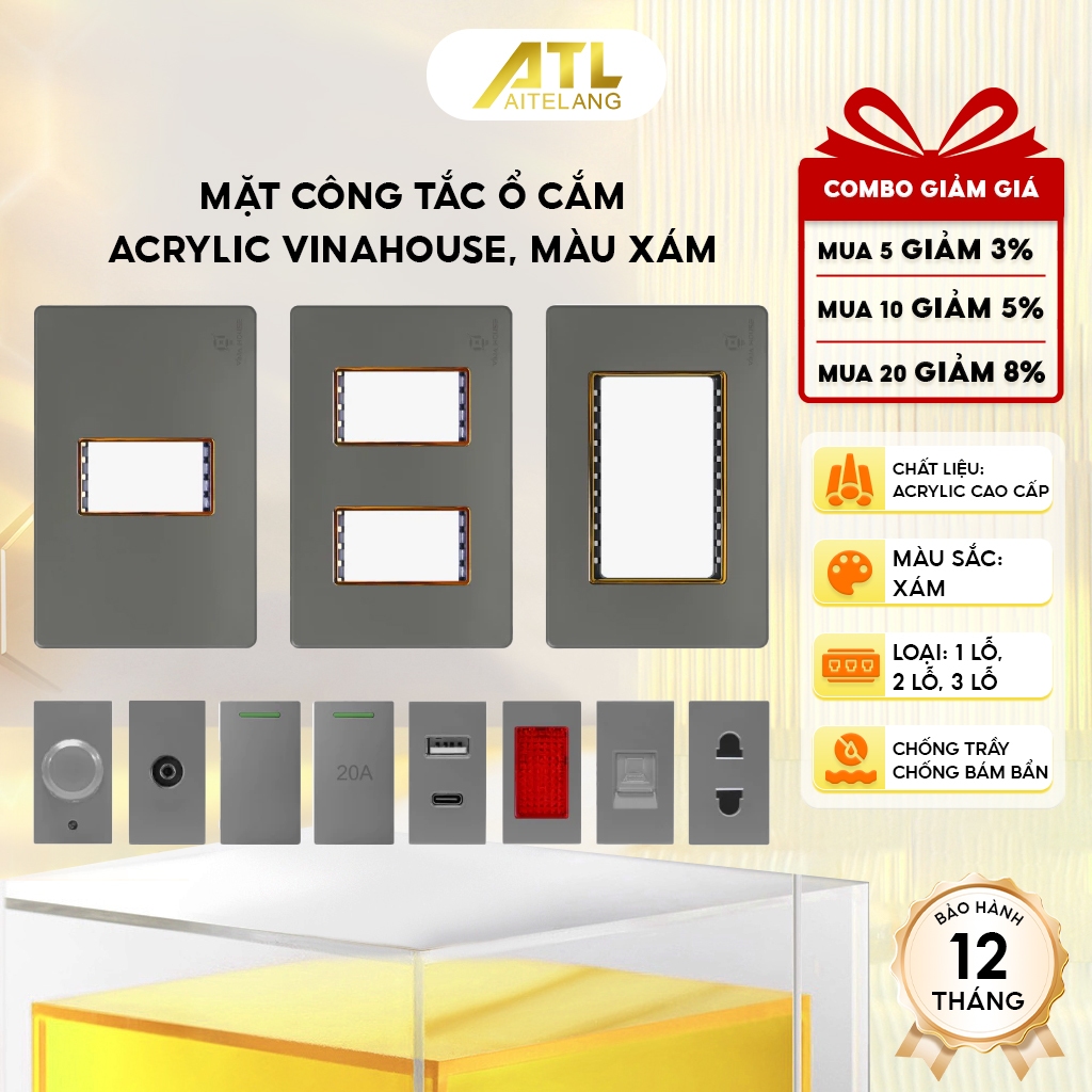Mặt công tắc ổ cắm Acrylic màu xám VinaHouse cao cấp, sang trọng, bền đẹp, dễ lắp đặt