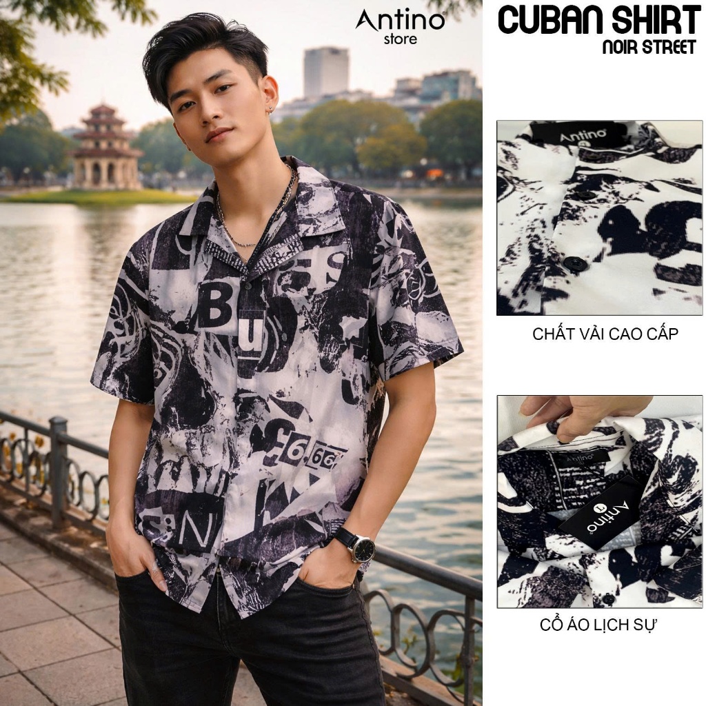 Áo Sơ Mi Cuban Nam Antino Noir Street form rộng, chất lụa mềm mịn thoáng mát, chống nhăn phong cách 