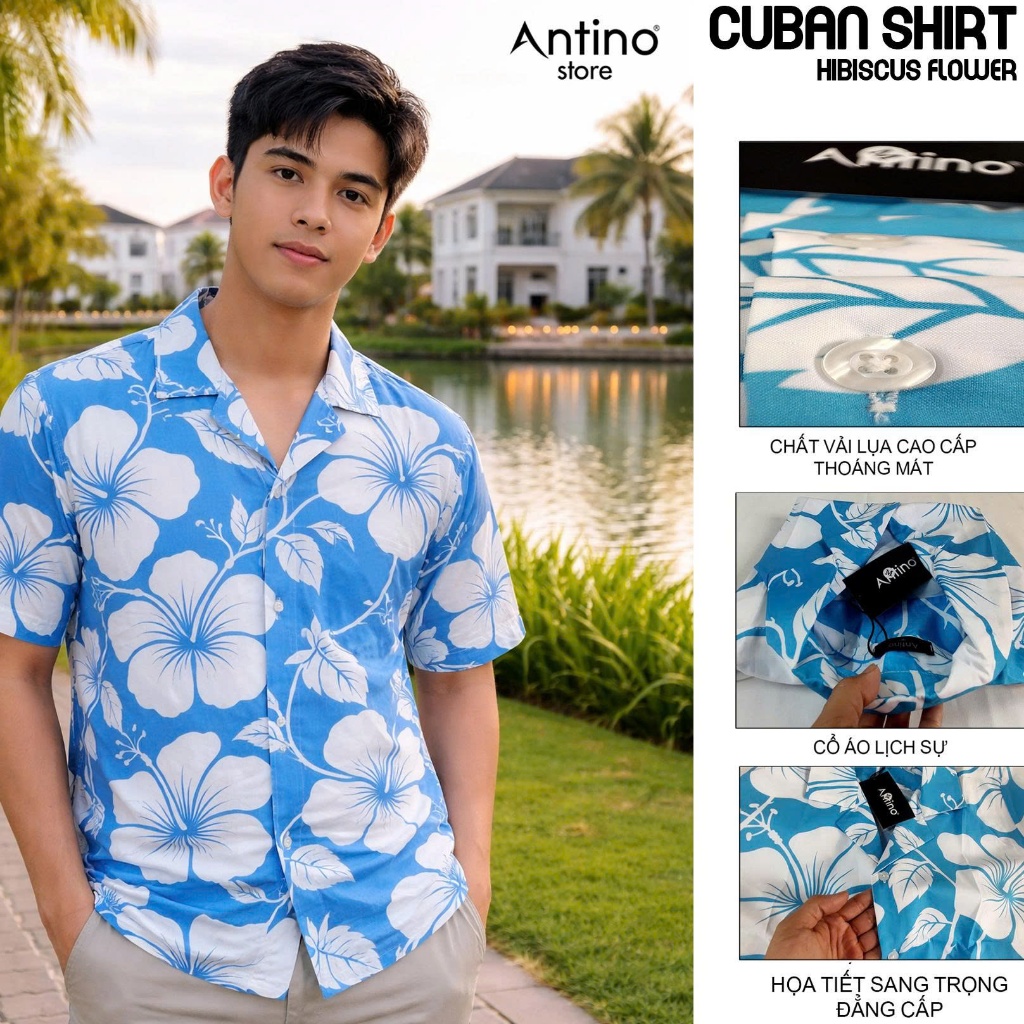 Áo Sơ Mi Nam Cuban Antino Hibiscus Flower họa tiết hoa dâm bụt nhiệt đới form rộng, vải lụa mềm mịn,