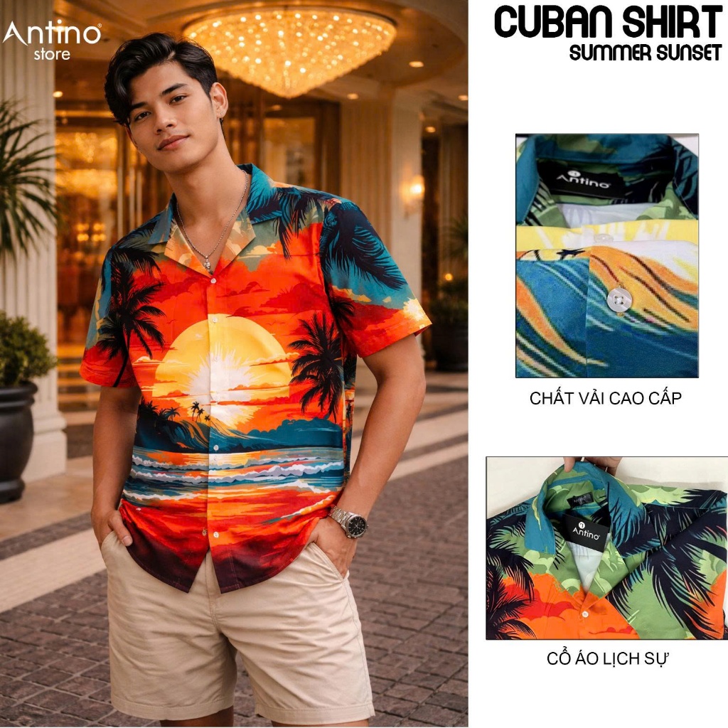 Áo Sơ Mi Nam Cuban Antino Summer Sunset họa tiết hoàng hôn biển form rộng, vải lụa mềm mịn, chống nh