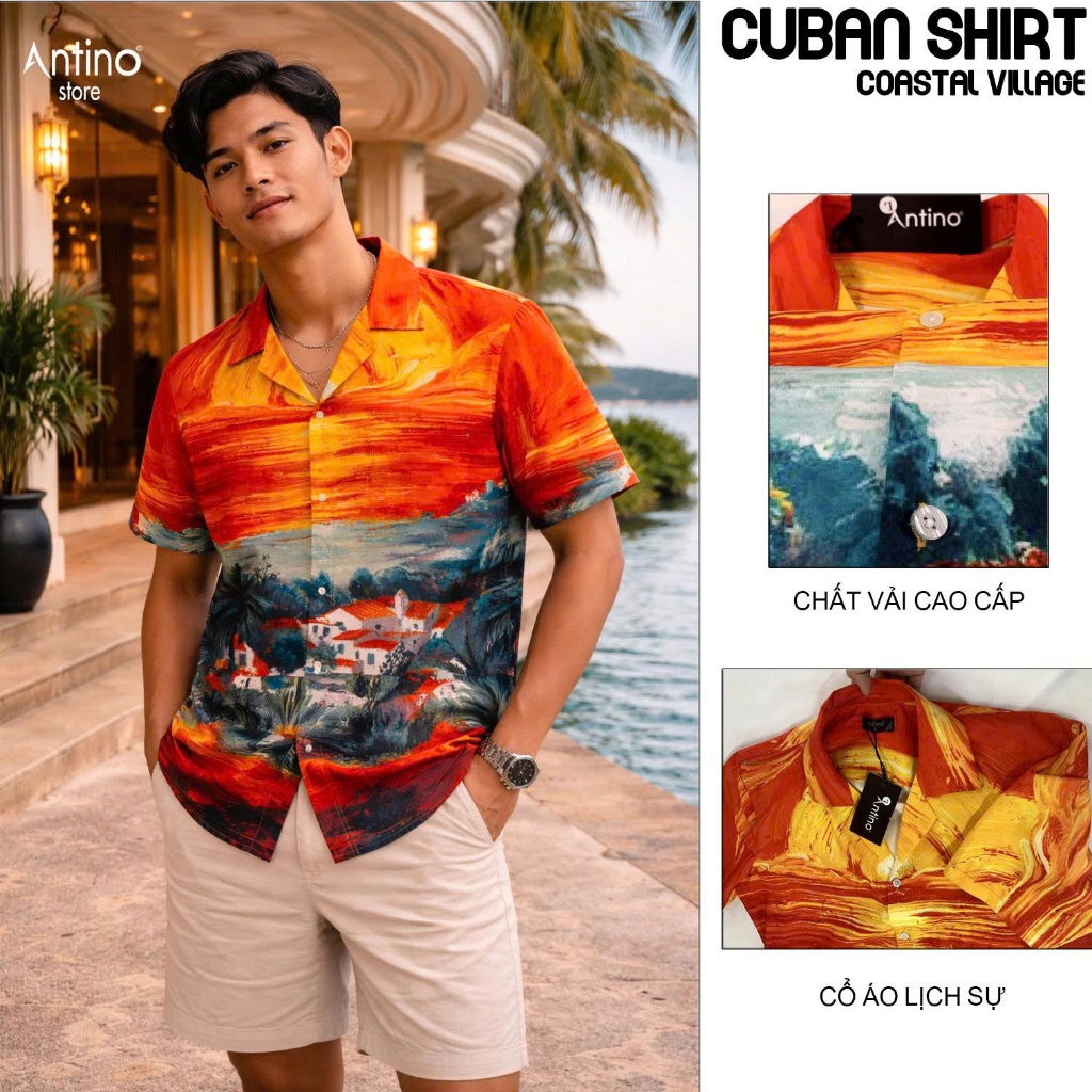 Áo Sơ Mi Nam Cuban Antino Coastal Village họa tiết phong cảnh biển form rộng, vải lụa mềm mịn, chống