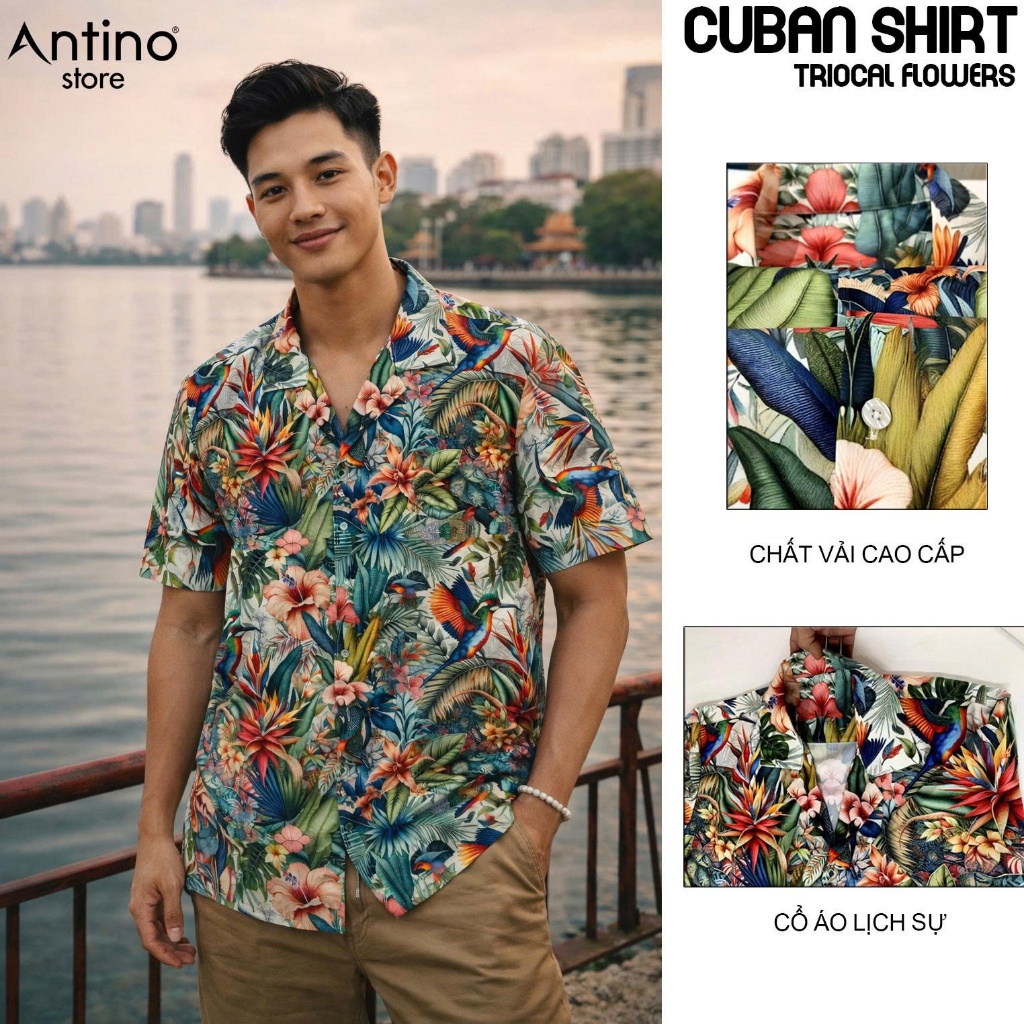 Áo Sơ Mi Nam Cuban Antino Tropical Parrot Floral họa tiết hoa lá chim nhiệt đới form rộng, vải lụa m