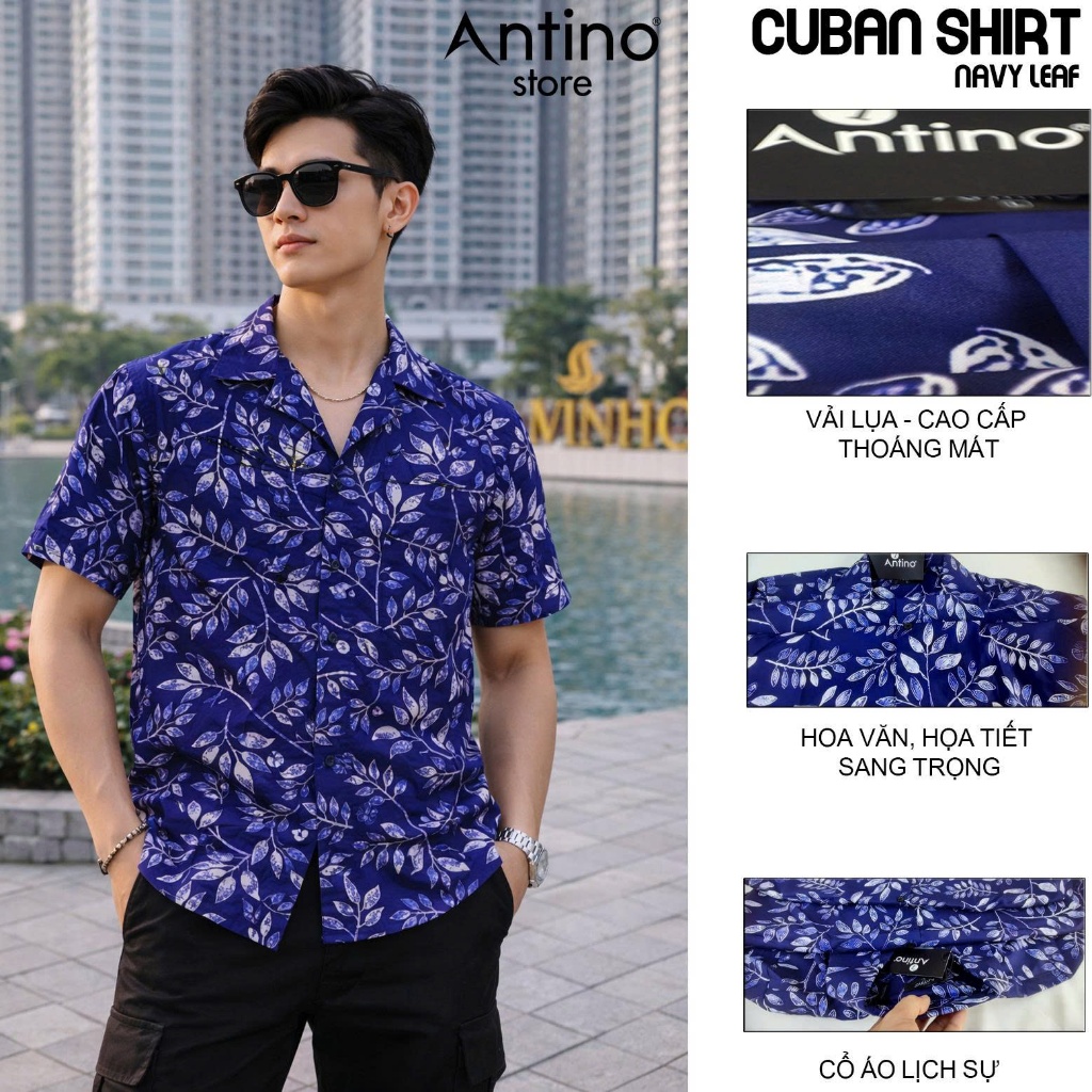 Áo Sơ Mi Nam Cuban Antino Navy Leaf họa tiết lá xanh đậm form rộng, vải lụa mềm mịn, thoáng mát, chố