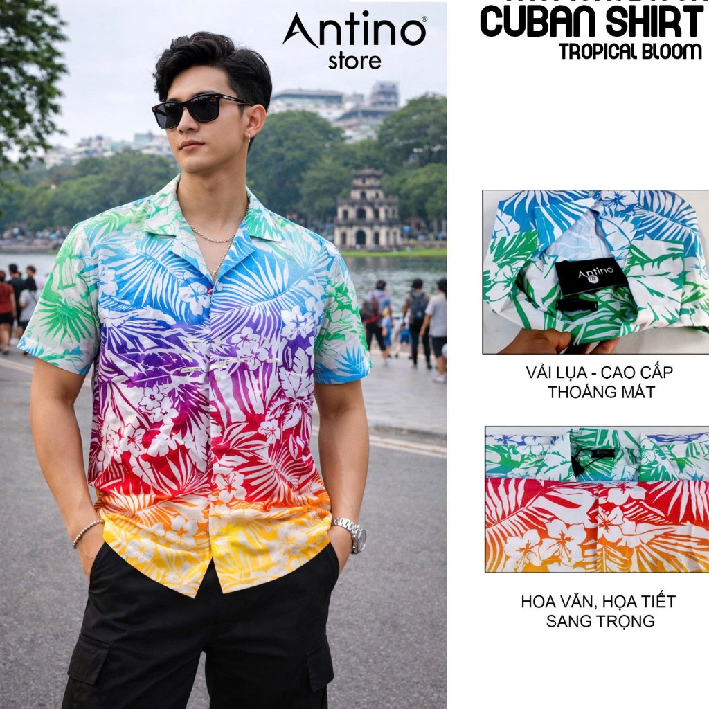 Áo Sơ Mi Nam Cuban Antino Tropical Rainbow Bloom họa tiết hoa lá đa sắc form rộng, vải lụa mềm mịn, 