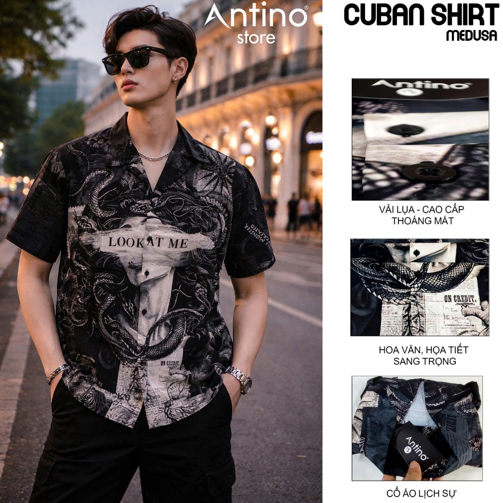 Áo Sơ Mi Nam Cuban Antino Medusa Black họa tiết rắn nghệ thuật form rộng, vải lụa mềm mịn, thoáng má