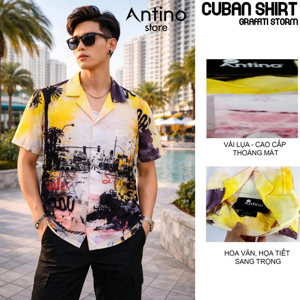 Áo Sơ Mi Nam Cuban Antino Graffiti Storm họa tiết đường phố trừu tượng , vải lụa mềm mịn, thoáng mát