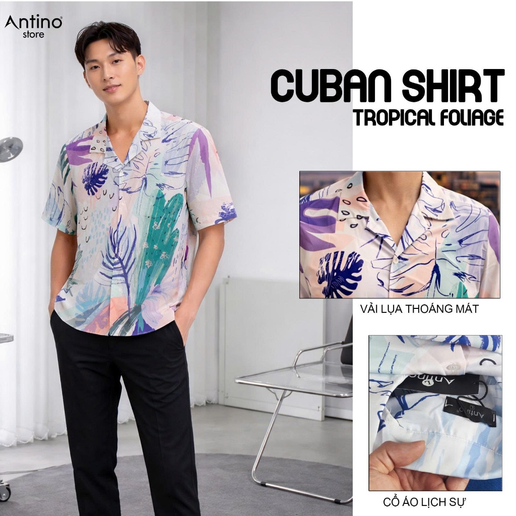 Áo Sơ Mi Nam Cuban Antino Tropical Foliage họa tiết lá nhiệt đới nghệ thuật form rộng, vải lụa mềm m