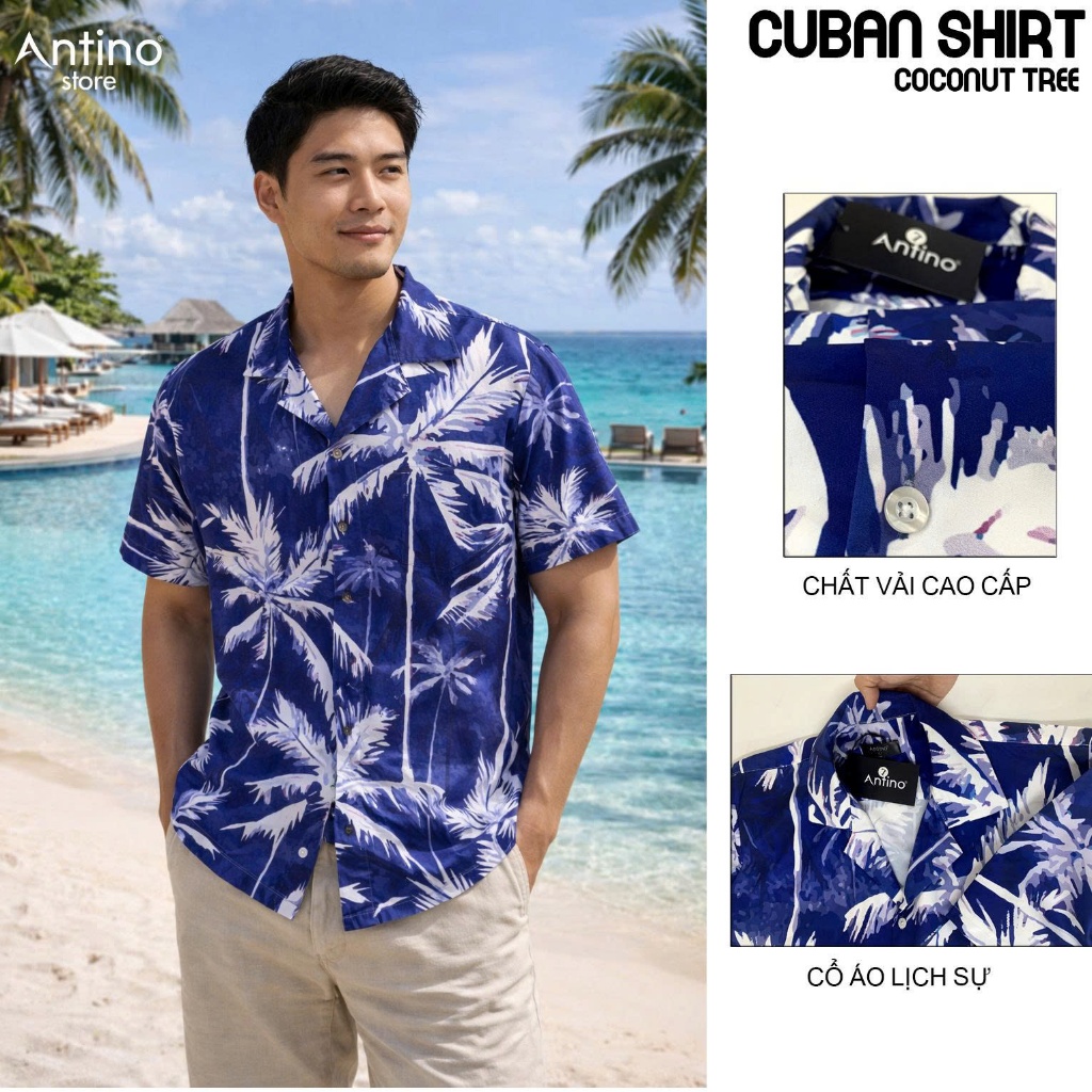 Áo Sơ Mi Nam Cuban Antino Coconut Tree họa tiết lá dừa form rộng, vải lụa mềm mịn, chống nhăn, phong