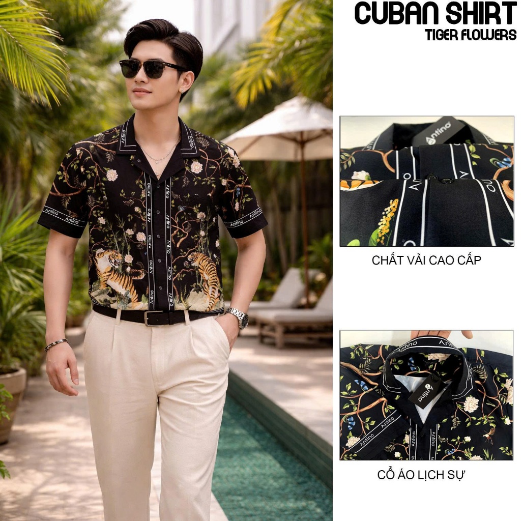 Áo Sơ Mi Nam Cuban Antino Tiger Flowers họa tiết hổ và hoa form rộng, vải lụa mềm mịn, chống nhăn, p