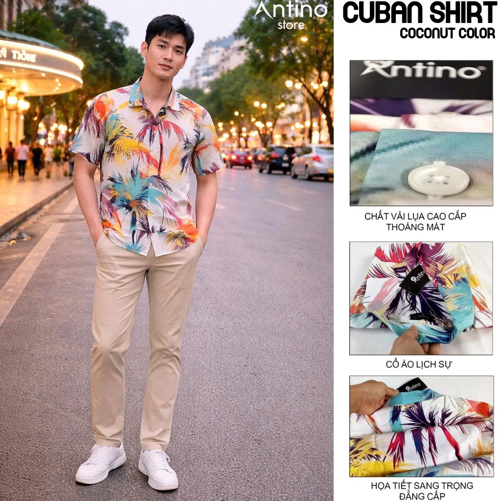 Áo Sơ Mi Nam Cuban Antino Coconut Color họa tiết lá dừa form rộng, vải lụa mềm mịn, chống nhăn, phon