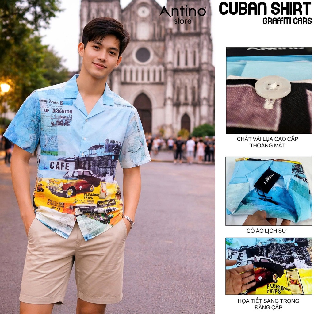 Áo Sơ Mi Nam Antino Họa Tiết Graffiti Cars – Cuban Shirt Tay Ngắn Form Rộng Vải Lụa Mềm Mát Đi Biển 