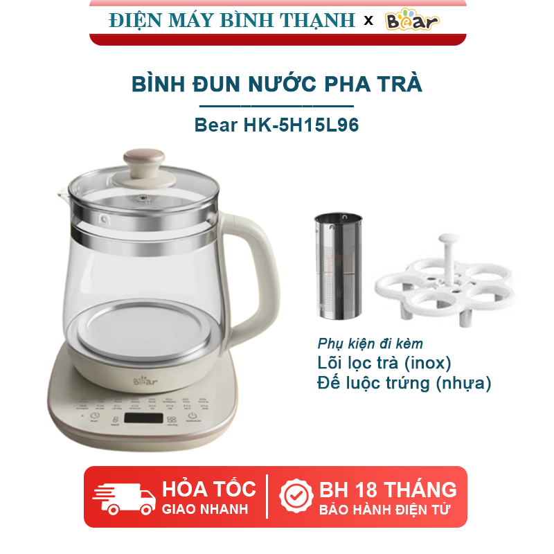 Bình thủy tinh đun nước pha trà 1.5 lít Bear HK-5H15L96 kèm lõi lọc trà - Bảo hành điện tử 18 tháng