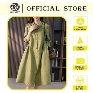 Đầm linen suông cổ sơ mi tay lỡ dáng xòe chiết eo trẻ trung Da207 (Xanh Cốm)