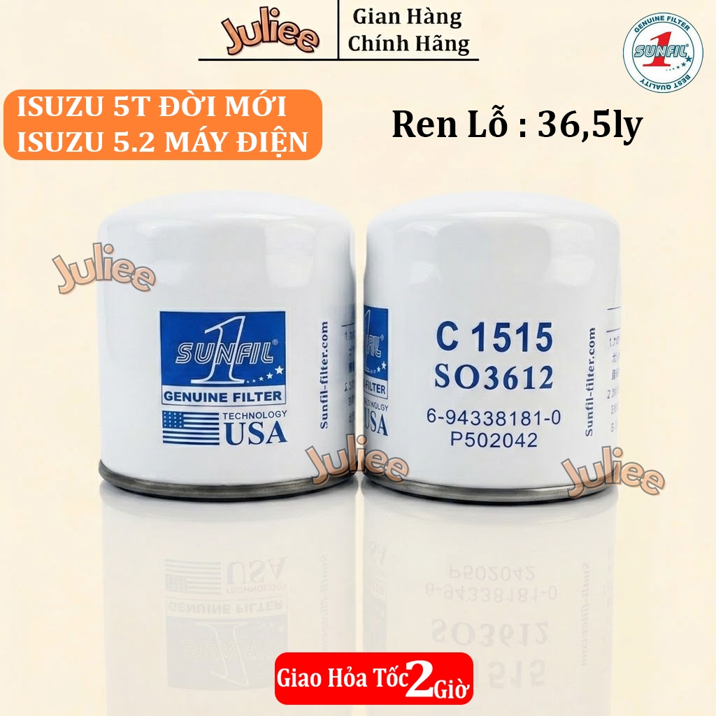 Lọc Nhớt Động Cơ ISUZU Tải 5T-8T NPR, NQR, FVR ELF 250 / 350 / 400 Lỗ Ren 36,5 Ly SUNFIL1 (SO3612 / 