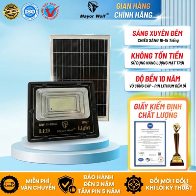 Đèn Pha Năng Lượng Mặt Trời Mayor Wolf 1 Khoang 200W Chiếu Sáng Sân Vườn Ngoài Trời