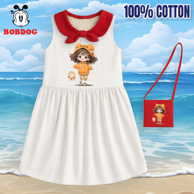 Đầm bé gái BOBDOG váy cotton cho bé gái in hình cô bé cute phối cổ nơ kèm túi xinh cho bé đi chơi