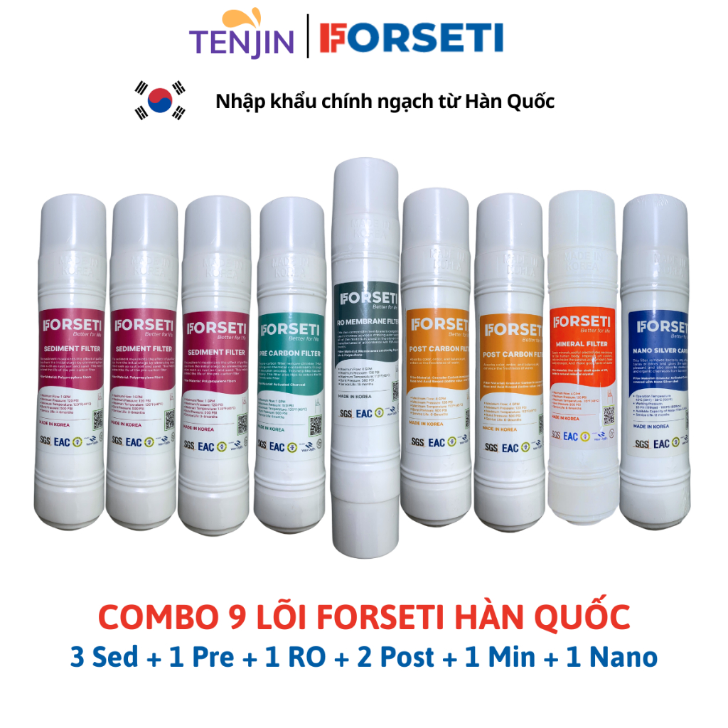Combo 9 Lõi Lọc Forseti Gồm 3 Sediment 1 Pre Carbon + 1 Màng RO + 2 Post Carbon 1 Mineral 1 Nano Mod