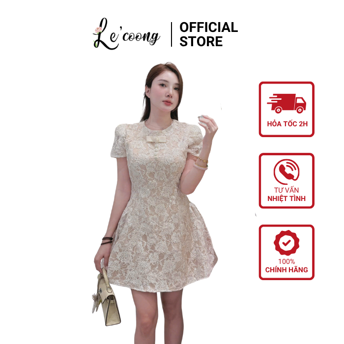 Váy Ren Hoa Tiểu Thư Cổ Tròn Đính Nơ LECOONG V857 Đầm Đẹp Dáng Ngắn Xoè Bồng Sang Chảnh
