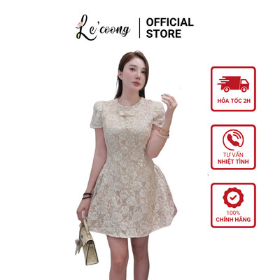 Váy Ren Hoa Tiểu Thư Cổ Tròn Đính Nơ LECOONG V857 Đầm Đẹp Dáng Ngắn Xoè Bồng Sang Chảnh