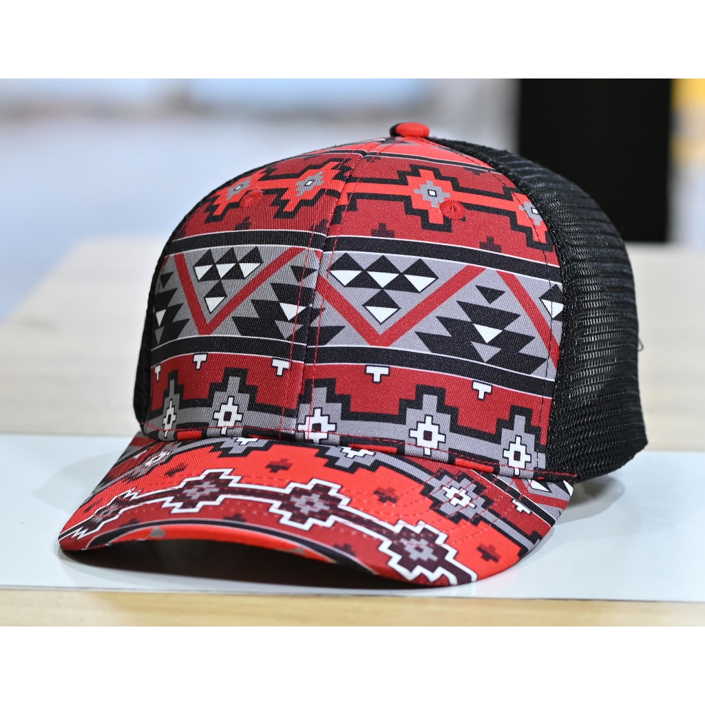 Nón lưỡi trai lưới không logo 2 màu đen đỏ,mũ kết họa tiết thổ cẩm Mexico,Aztec brocade motifs truck