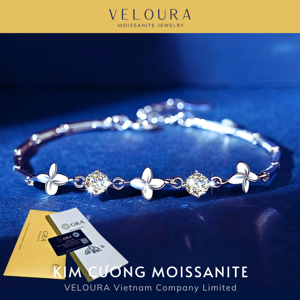 Vòng Tay Nữ Kim Cương Moissanite 1 Carat - Cỏ 4 Lá May Mắn Tỏa Sáng Cao Cấp VELOURA | GRA VJVT008