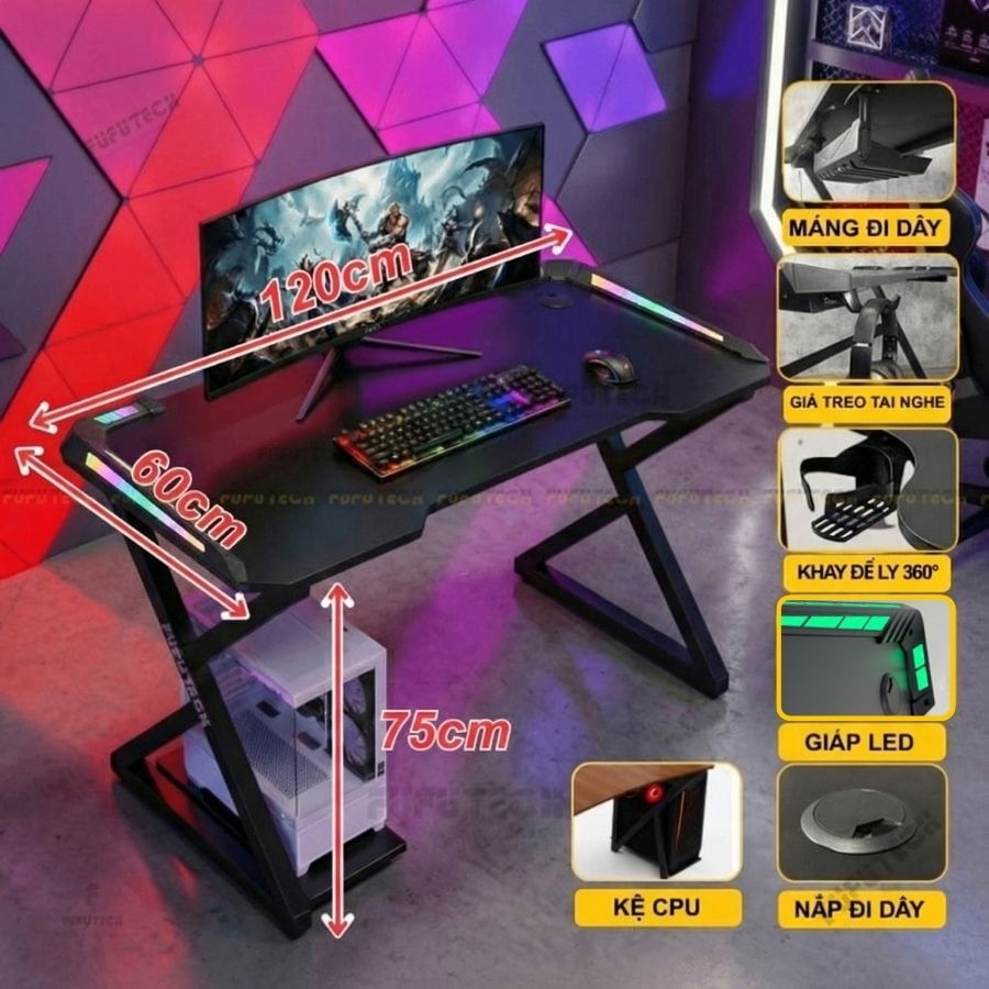 Bàn Gaming, Làm Việc 1m2, 1m4 X RAZER FUFUTECH, Thiết Kế Hiện Đại, Chắc Chắn, Tích Hợp Phụ Kiện Gaming | BigBuy360 - bigbuy360.vn