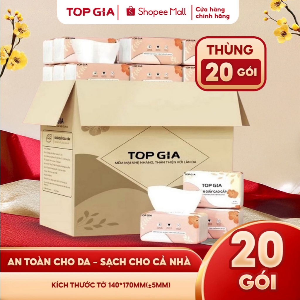 Thùng 20 gói giấy ăn TopGia Sắc Hạ dập vân 4D 240 tờ mềm mịn siêu dai 140x170mm, thùng 16/30/36/40 g